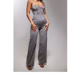 Charcoal woven bandeau lace up corset jumpsuit